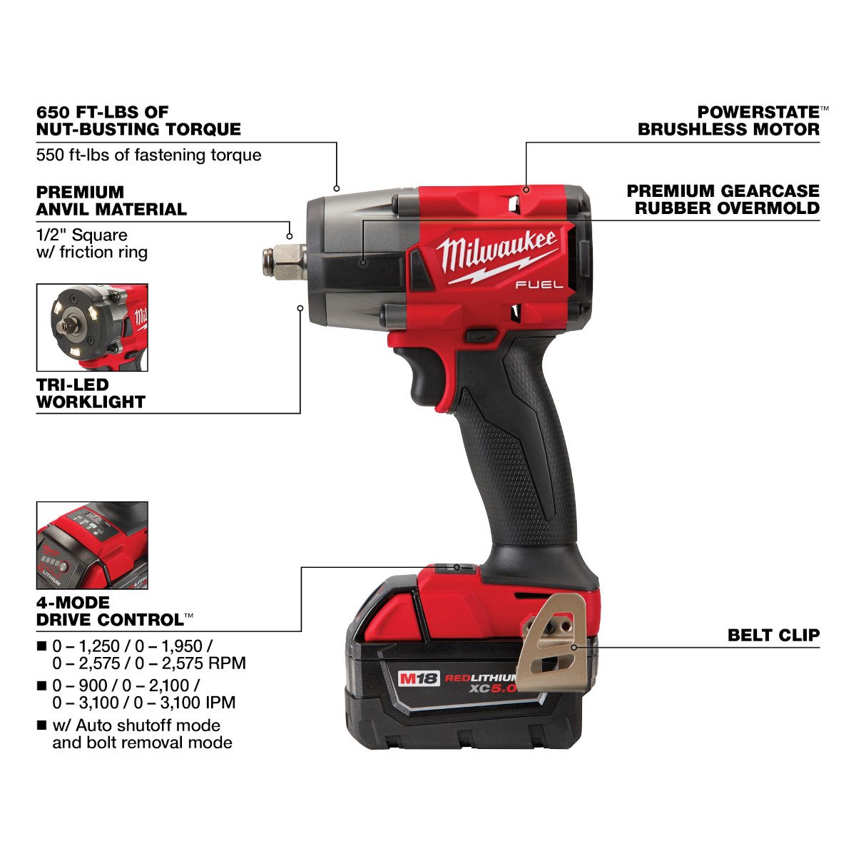 Milwaukee 2962-22R M18 FUEL™ 1/2" Mid-Torque Impact Wrench w/ Friction Ring Kit - feature callout