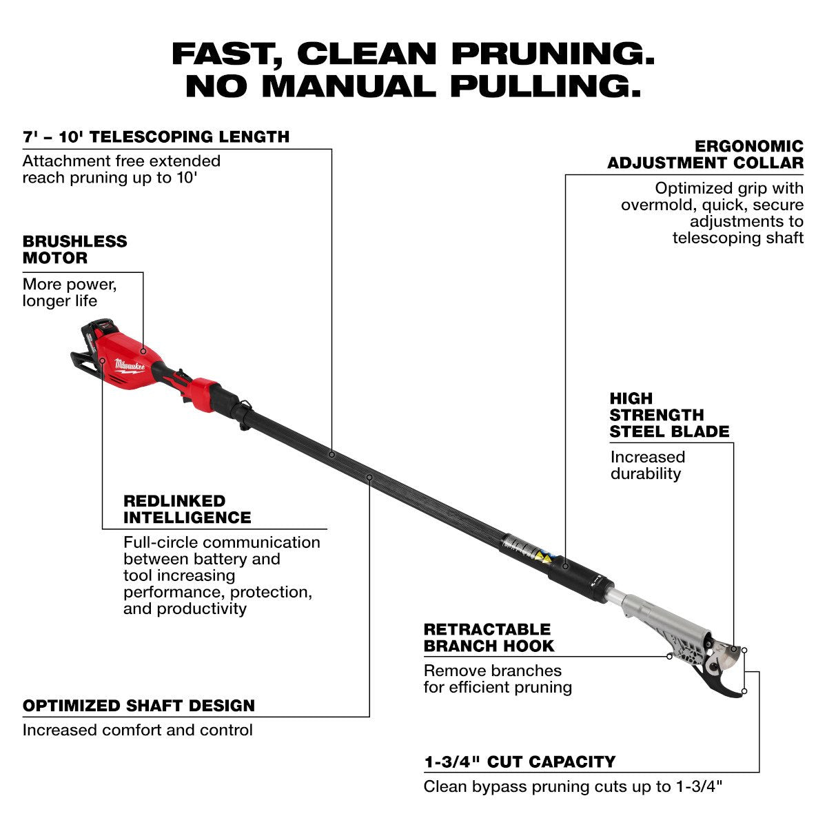 Milwaukee 3008-21 M18™ Brushless Telescoping Pole Pruning Shears Kit - feature callout