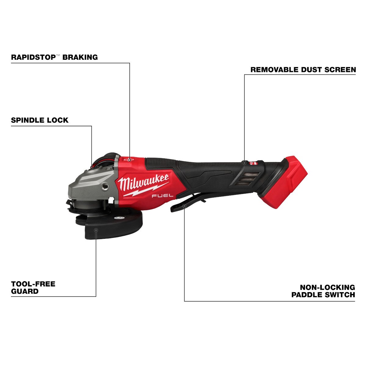 Milwaukee 3670-20 M18 FUEL™ 4-1/2"-6" Braking Grinder, Paddle Switch - feature callout