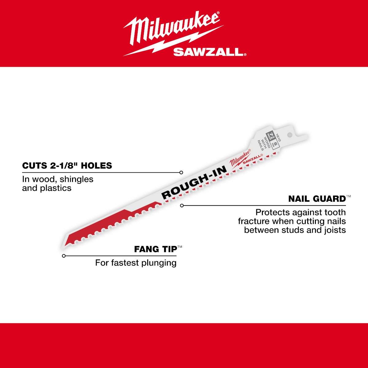 Milwaukee 48-00-1610 SAWZALL® Rough-In Blade - 5 PK - feature callout