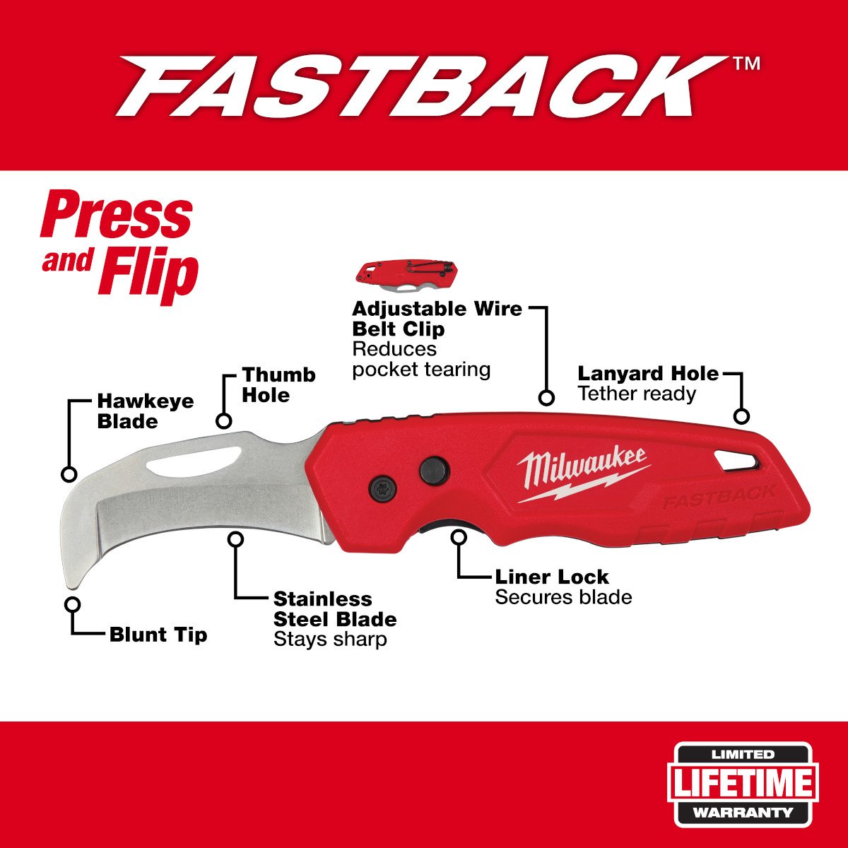 Milwaukee 48-22-1526 Fastback Blunt Tip Hawkbill Folding Knife - feature callout