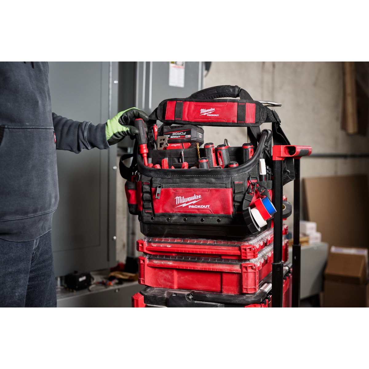 Milwaukee 48-22-8317 PACKOUT™ 15" Structured Tote - in use