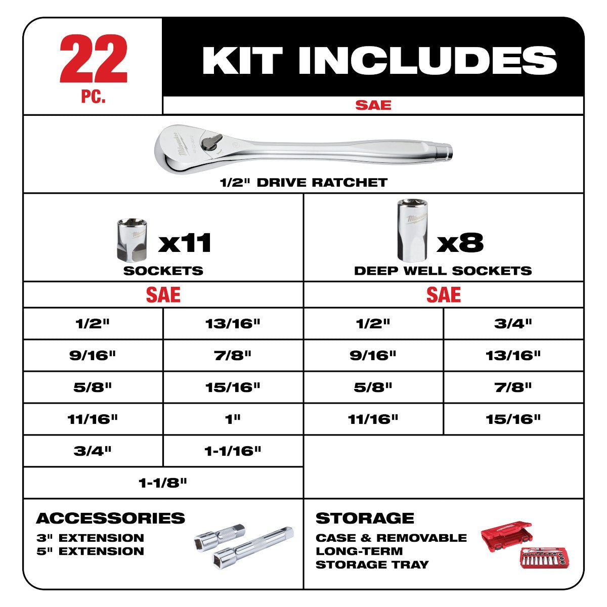 Milwaukee 48-22-9410 pc. 1/2 in. Socket Wrench Set (SAE) - feature callout