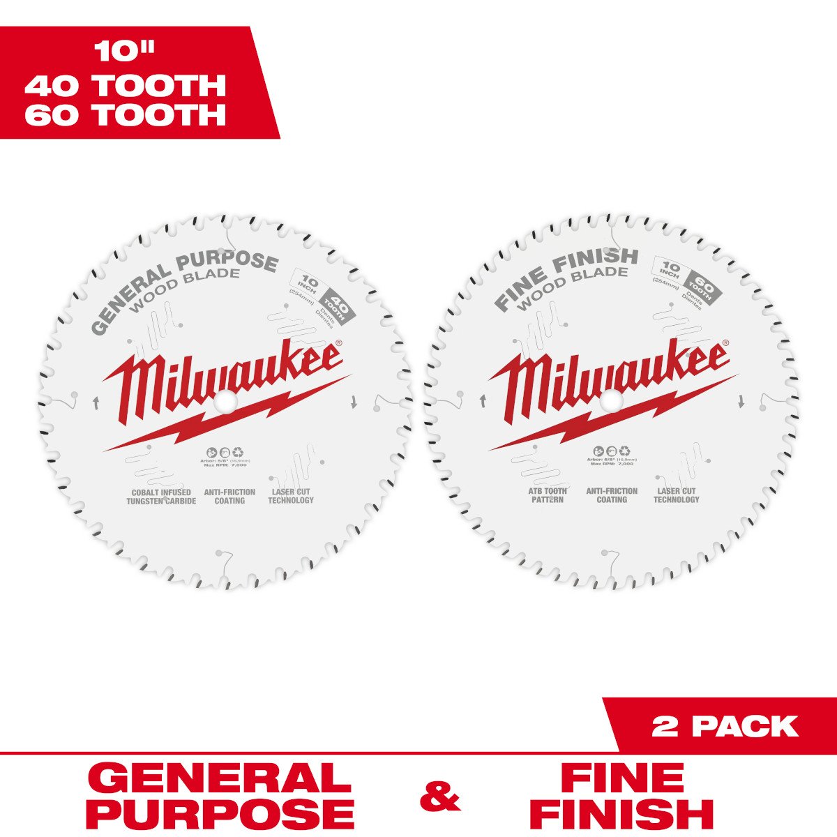 Milwaukee 48-40-1036 10 in. 40T + 60T Two Pack Circular Saw Blades - feature callout
