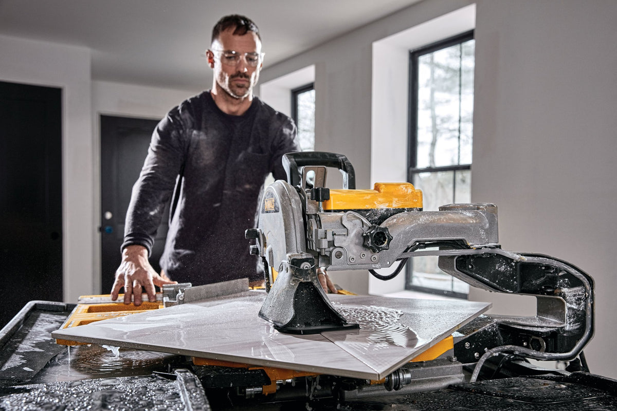 DEWALT D36000S Wet Tile Saw with Stand, High Capacity, 10 in. - in use