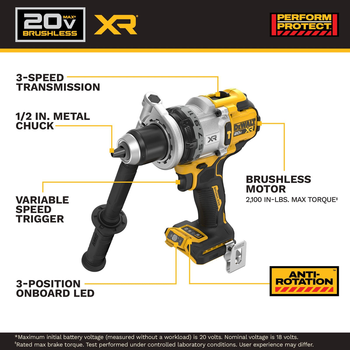 DEWALT DCD1007B 20V MAX XR 1/2 in. Brushless Cordless 3-Speed Hammer Drill (Tool Only) - feature callout