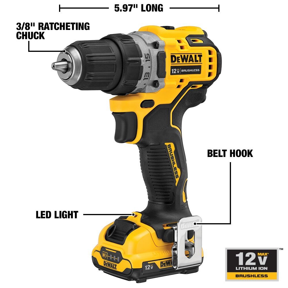 DEWALT DCD701F2 XTREME 12V MAX BRUSHLESS 3/8 IN. CORDLESS DRILL/DRIVER KIT - feature callout