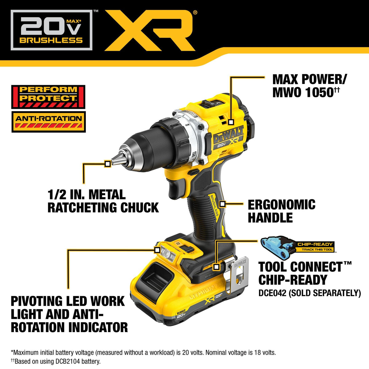 DEWALT DCD801QQ2 20V MAX XR Brushless 1/2" Drill/Driver With Anti-Rotation Kit - feature callout