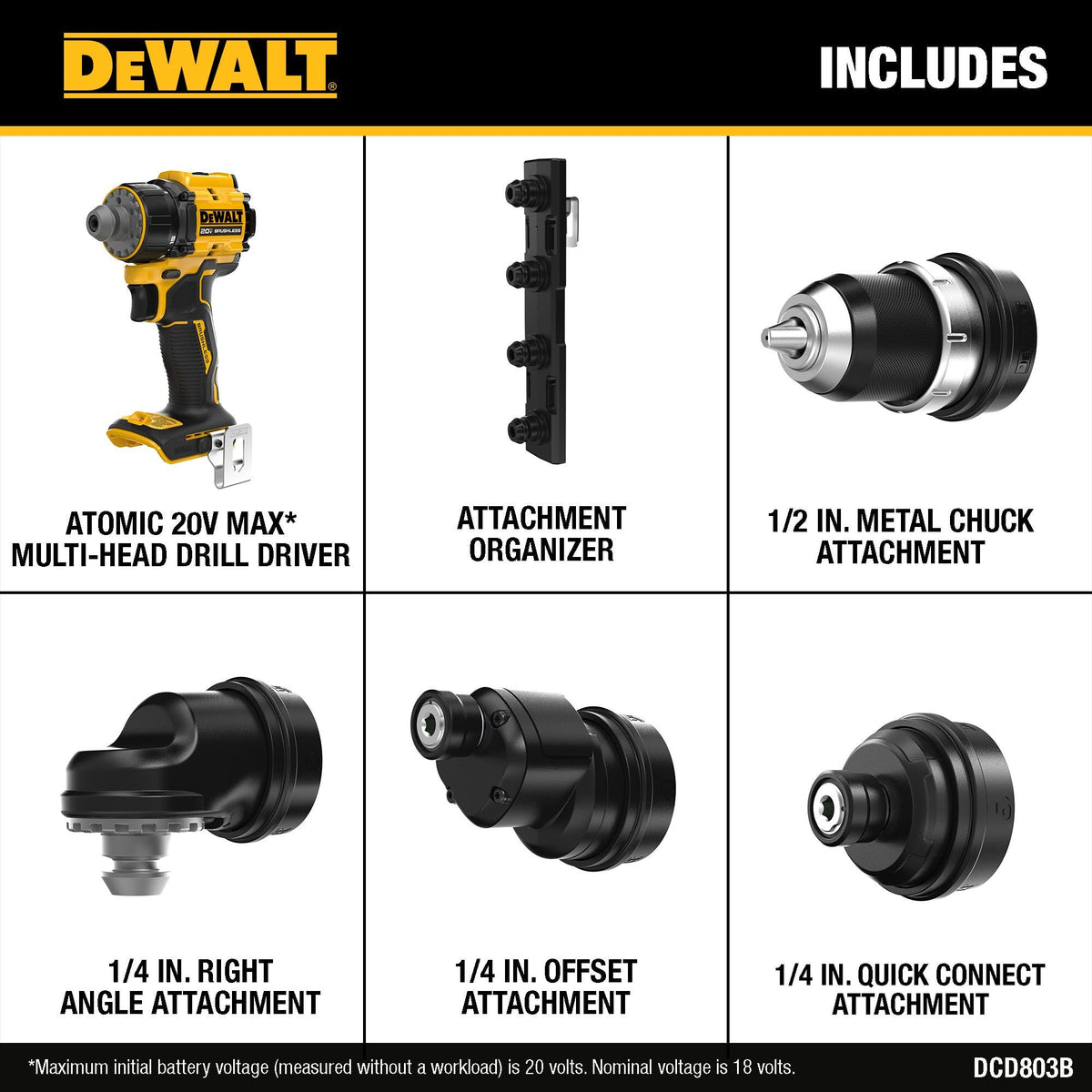 DEWALT DCD803B ATOMIC 20V MAX Brushless Cordless Multi-Head Drill/Driver (Tool Only) - feature callout