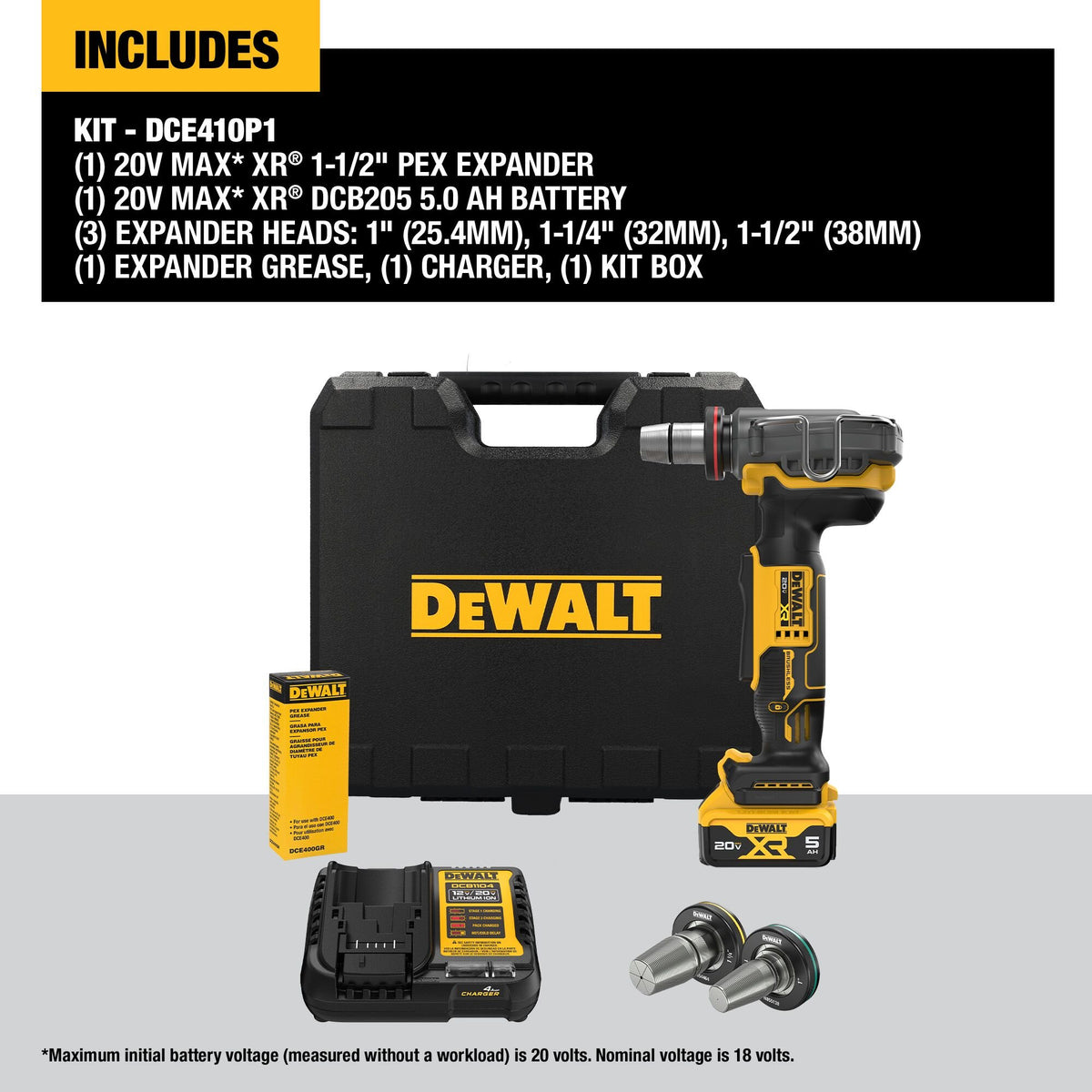 DEWALT DCE410P1 20V MAX* XR 1-1/2" PEX Expander Kit - feature callout
