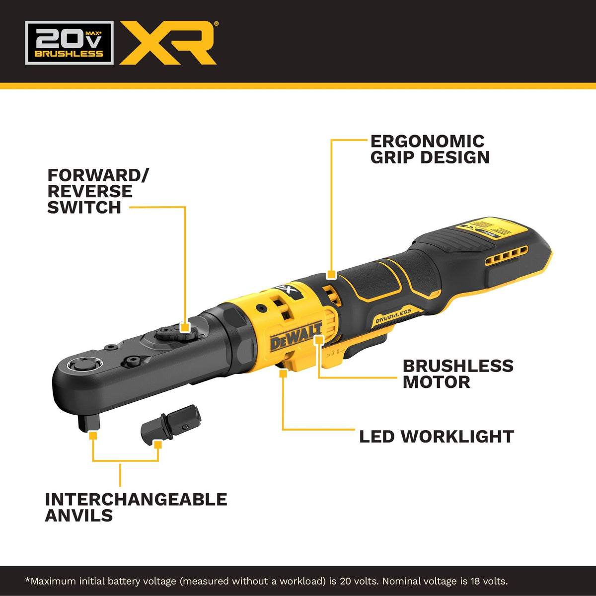 DEWALT DCF510B 20V MAX XTREME Cordless Brushless 3/8 in & 1/2 in Ratcheting Wrench - feature callout