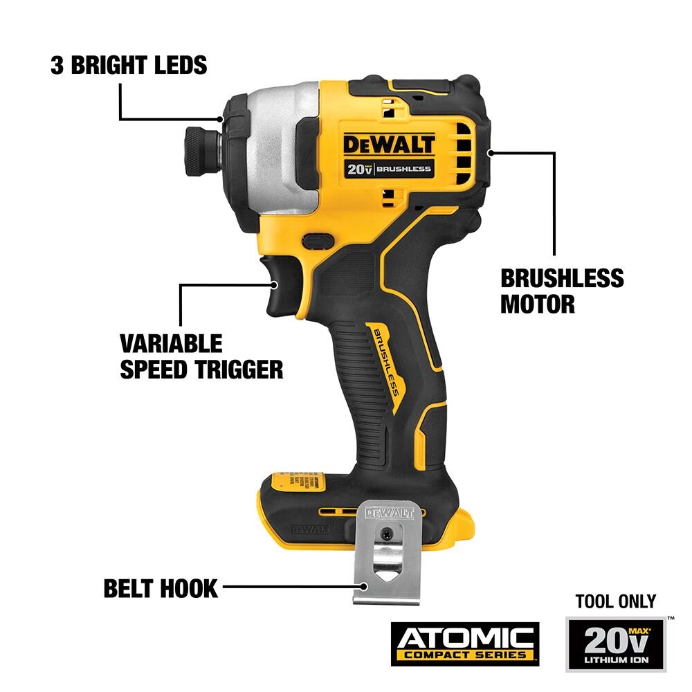 DEWALT DCF809B 20V MAX* ATOMIC Cordless Brushless 1/4 in Impact Driver Drill - feature callout