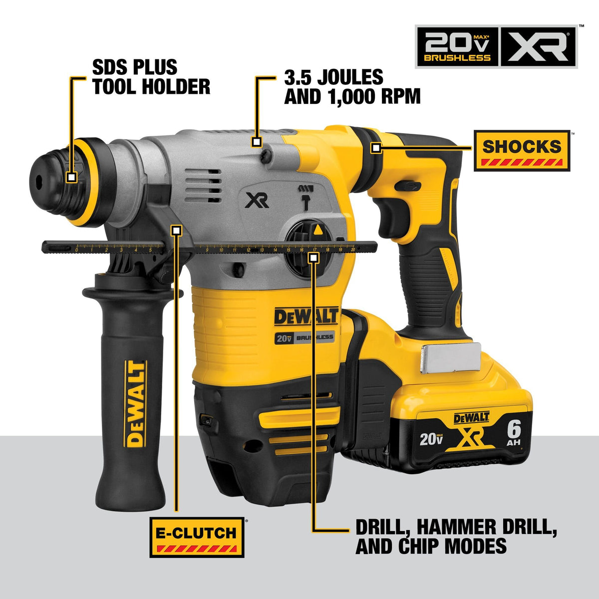 DEWALT DCH293R2 20V Max Xr Rotary Hammer, SDS Plus Kit, 1-1/8-Inch - feature callout