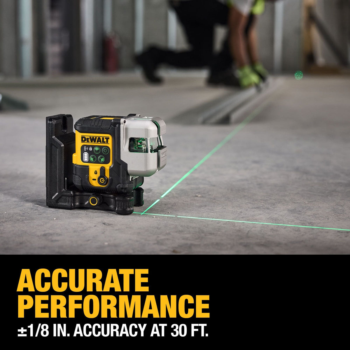 DEWALT DCLE14301GB USB Rechargeable Green 3 X 180 Degree Line Laser Base Kit - feature callout