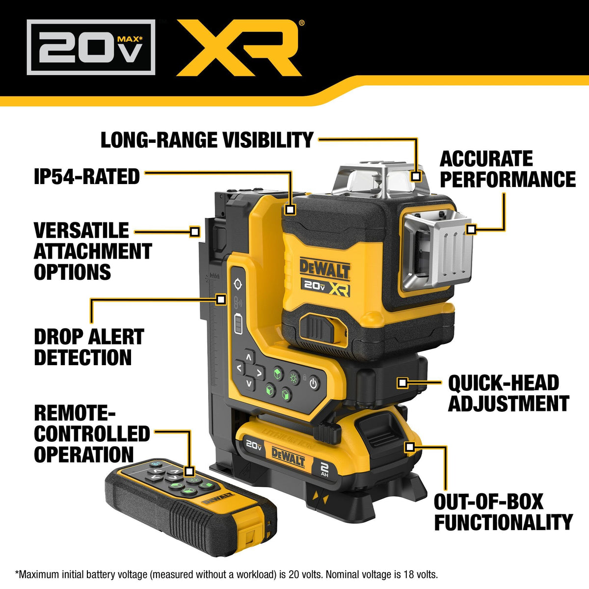 DEWALT DCLE34035D1 20V MAX XR Remote Control 360 Degree Line Laser Kit - feature callout