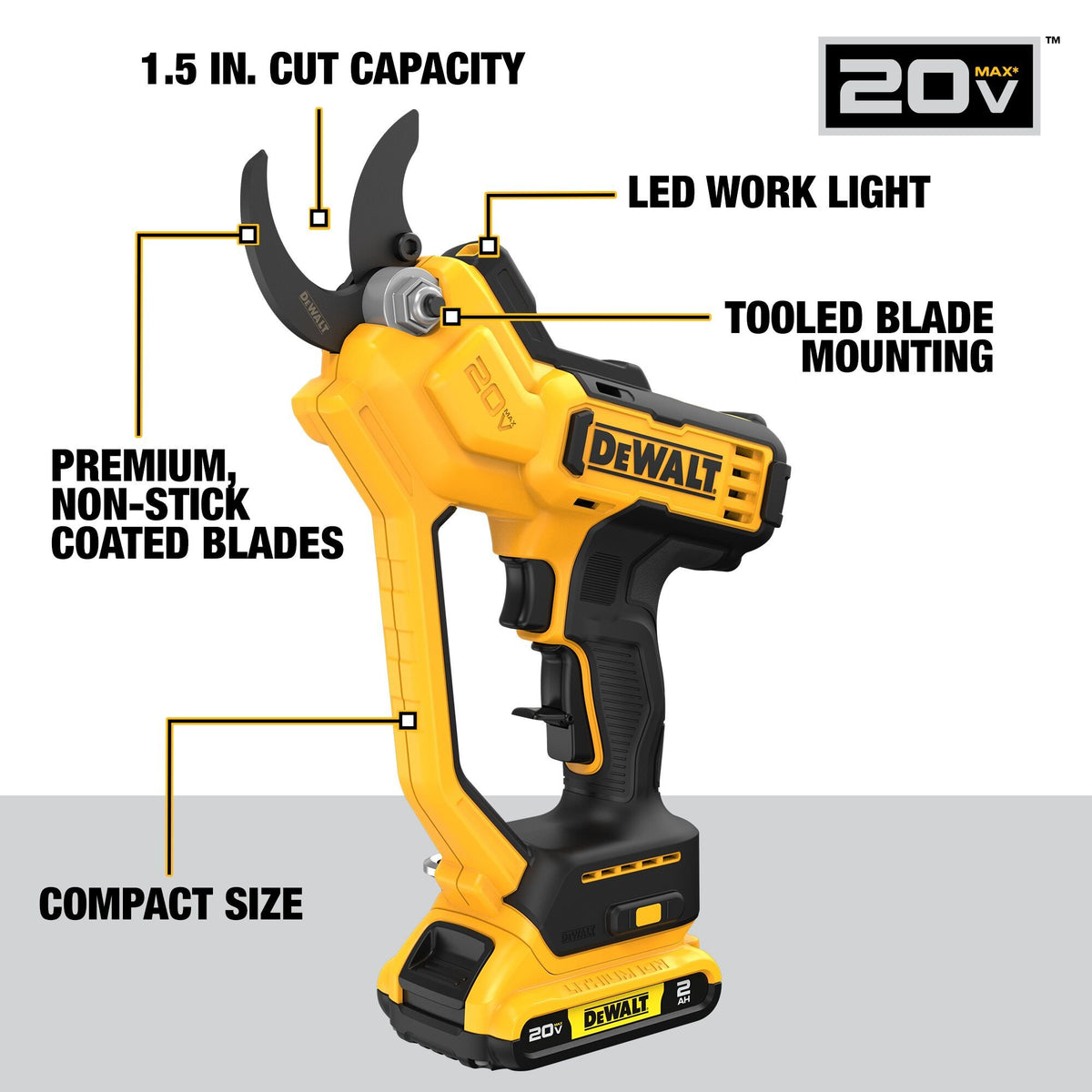 DEWALT DCPR320D1 20V Pruner W/2Ah Pack - feature callout