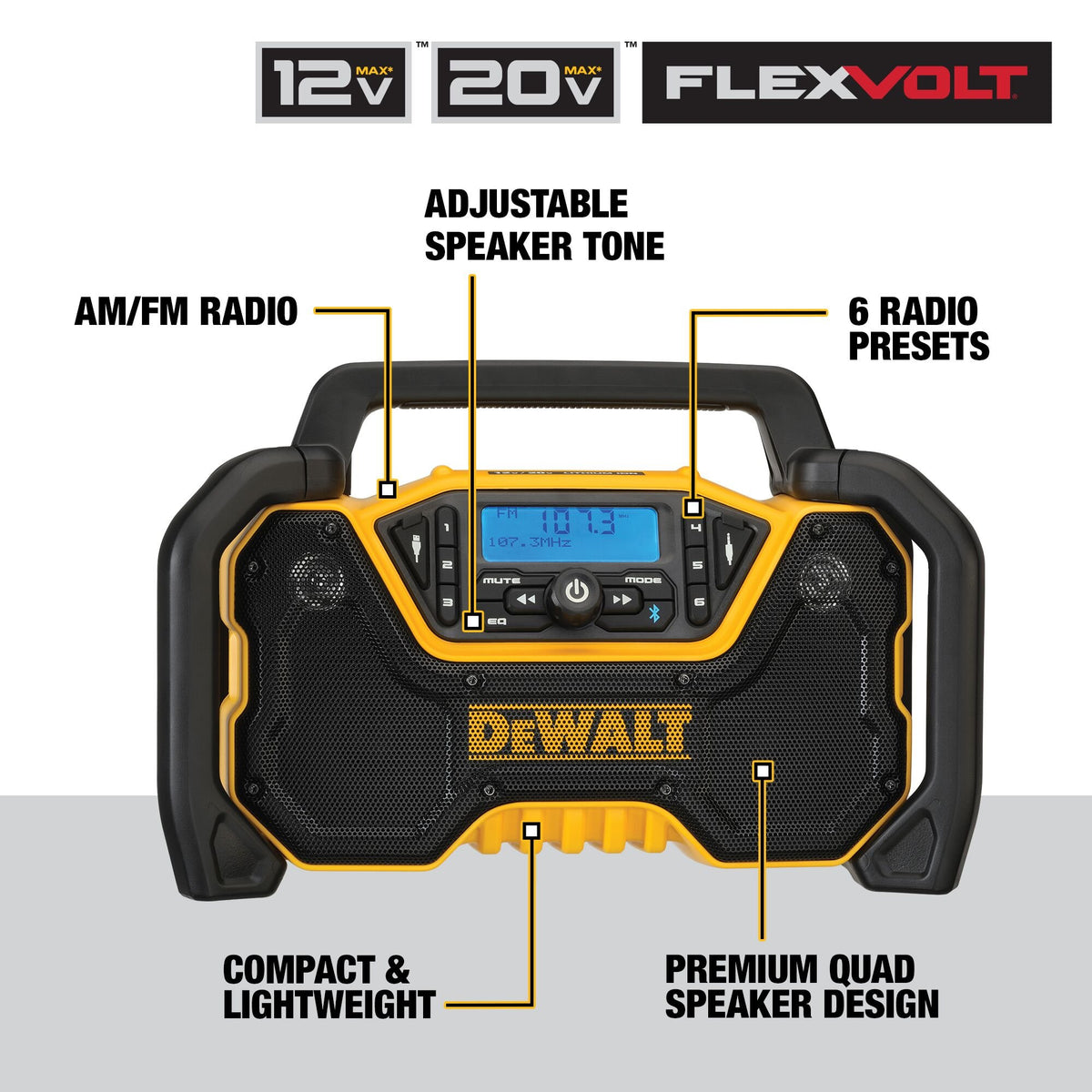 DEWALT DCR028B 12V/20V MAX Bluetooth Jobsite Radio - feature callout