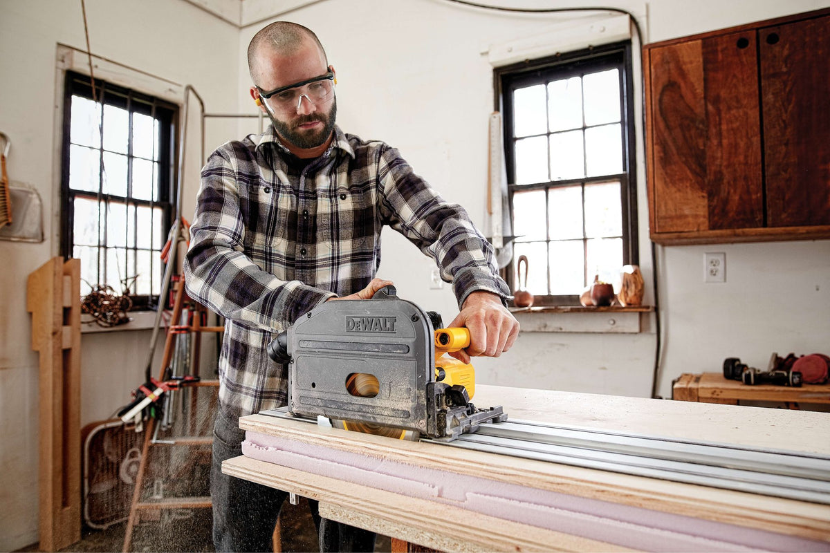 DEWALT DCS520T1 Flexvolt 60V Max Circular Saw, 6-1/2-Inch, Cordless Tracksaw Kit - in use