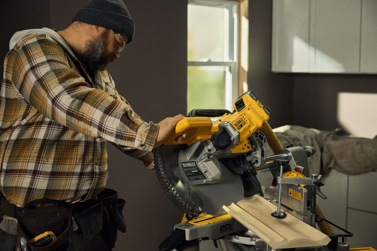 DEWALT DCS785B 20V MAX XR® 12 in. Double Bevel Sliding Miter Saw (Tool Only) - in use
