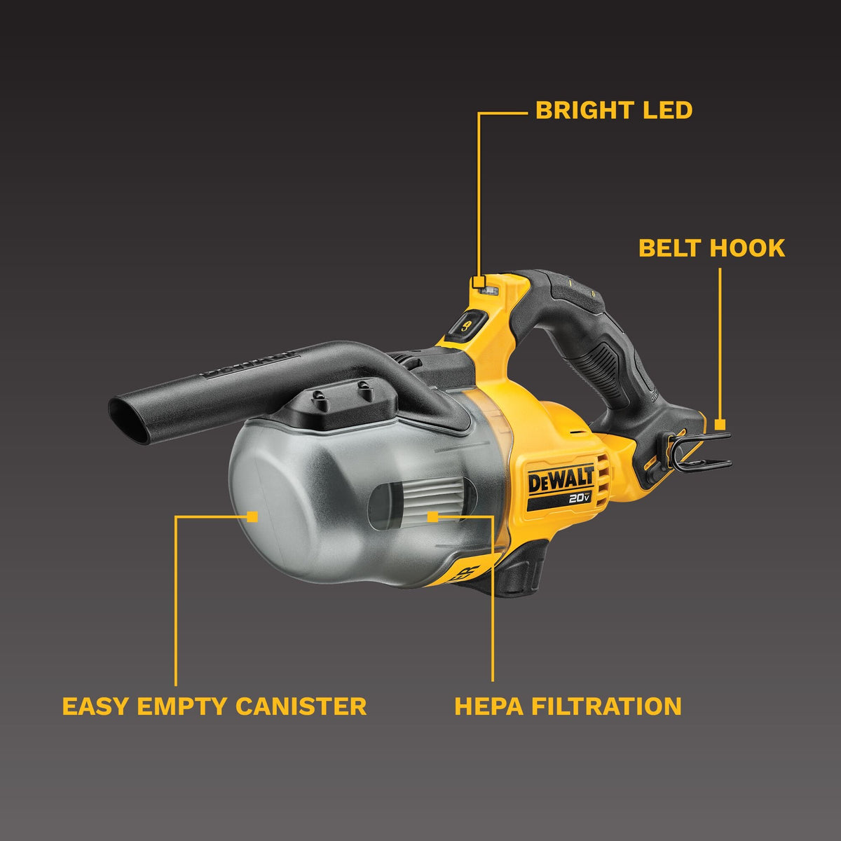 DEWALT DCV501HB 20V Cordless Dry Hand Vacuum (Tool only) - feature callout