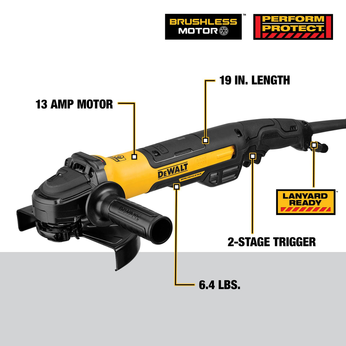 DEWALT DWE43840CN Angle Grinder, Rat Tail, 7-Inch, 13-Amp - feature callout