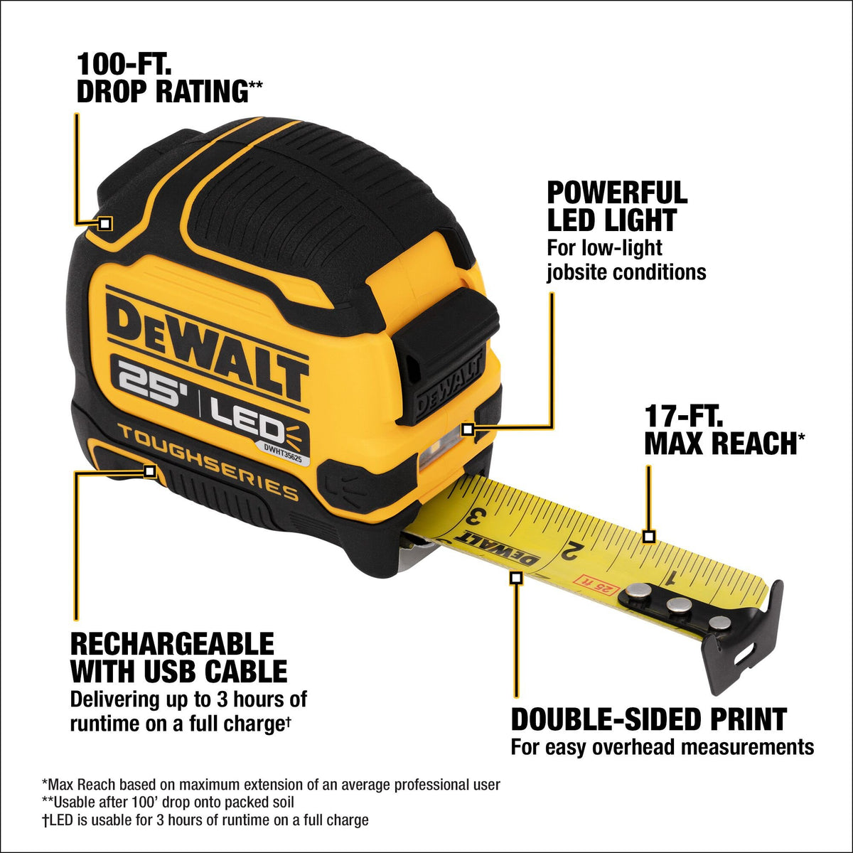 DEWALT DWHT35625S TOUGHSERIES 25 FT Lighted Tape Measure - feature callout