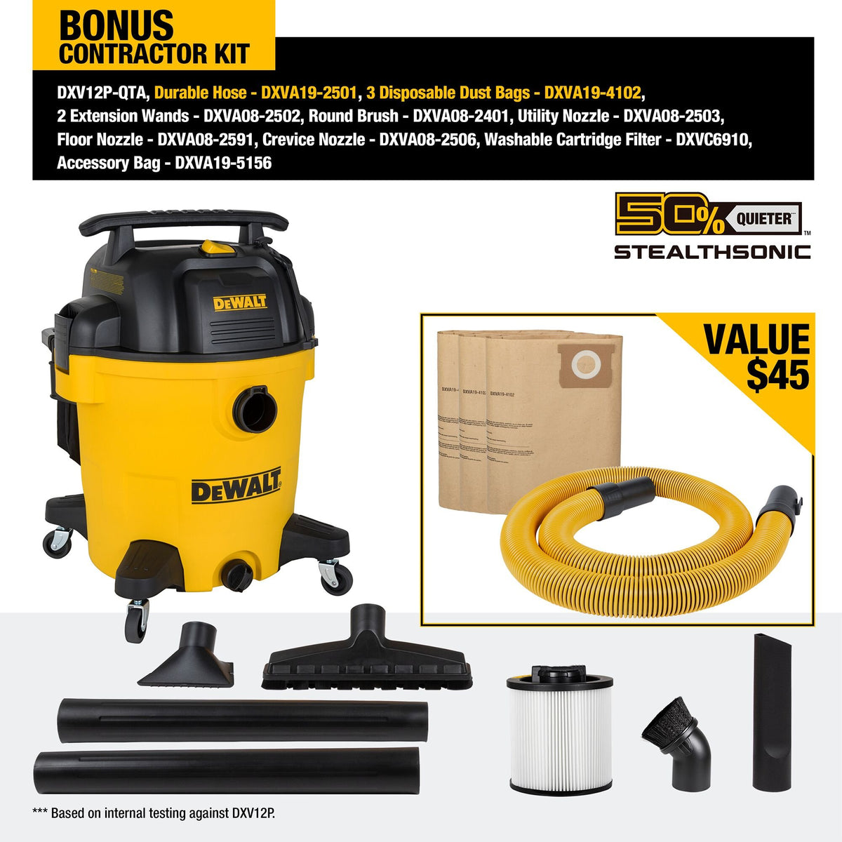 DEWALT DXV12P-QTA 12 Gallon Stealthsonic Quiet Wet/Dry Vacuum - feature callout