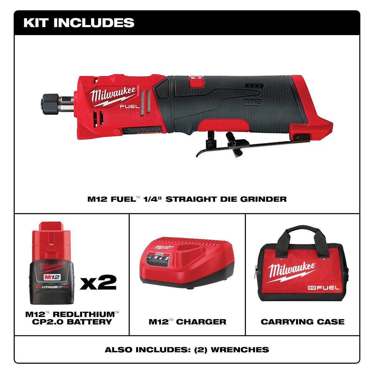 Milwaukee 2486-22 M12 FUEL™ 1/4" Straight Die Grinder 2 BATTERY KIT - feature callout