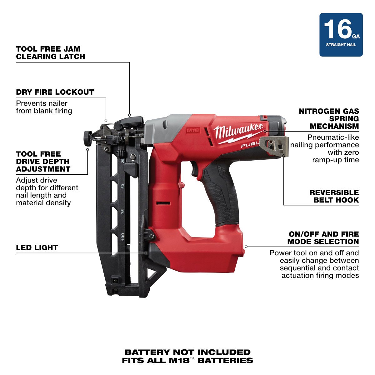 Milwaukee 2741-20 M18 FUEL™ 16 Gauge Straight Finish Nailer - feature callout