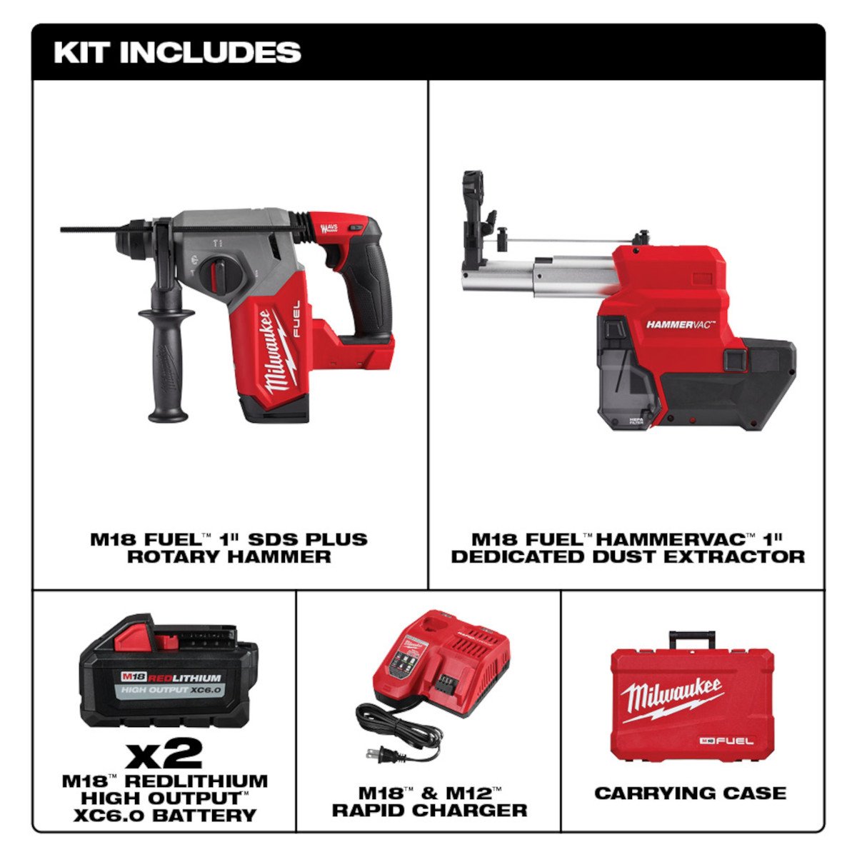 Milwaukee 2912-22DE M18 FUEL™ 1 in SDS Plus Rotary Hammer with Dust Extractor Kit - feature callout