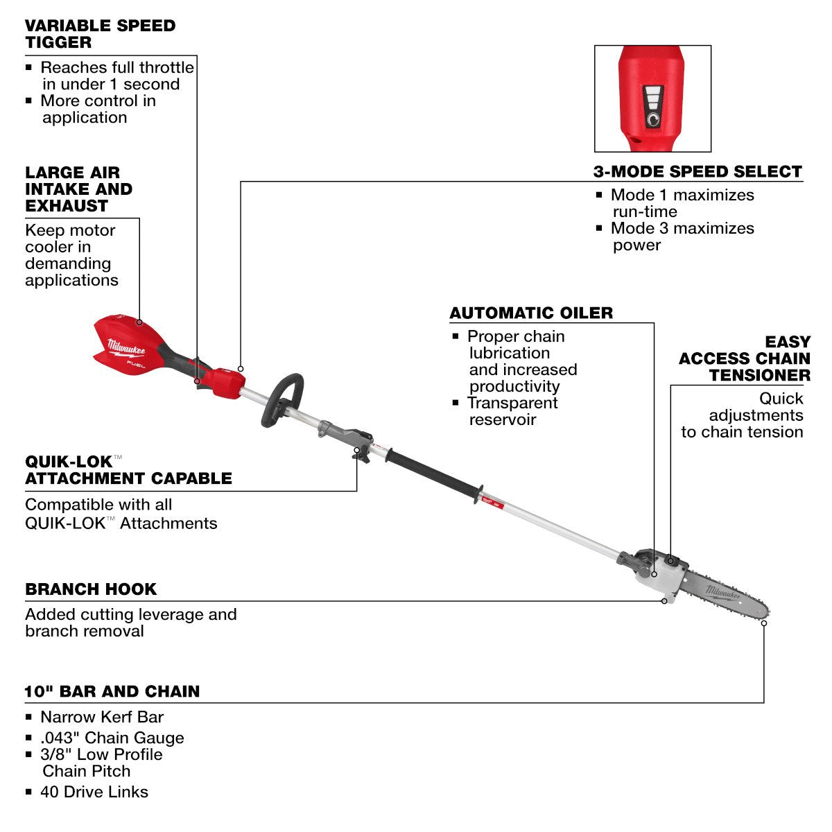 Milwaukee 3016-20PS M18 FUEL™ Pole Saw w/ QUIK-LOK™ - feature callout