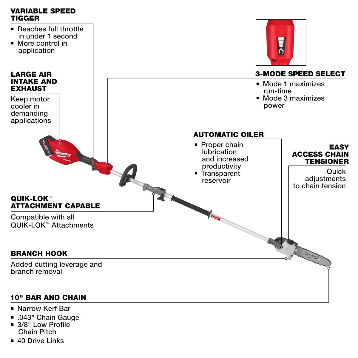 Milwaukee 3016-21PS M18 FUEL™ Pole Saw w/ QUIK-LOK™ Kit - feature callout