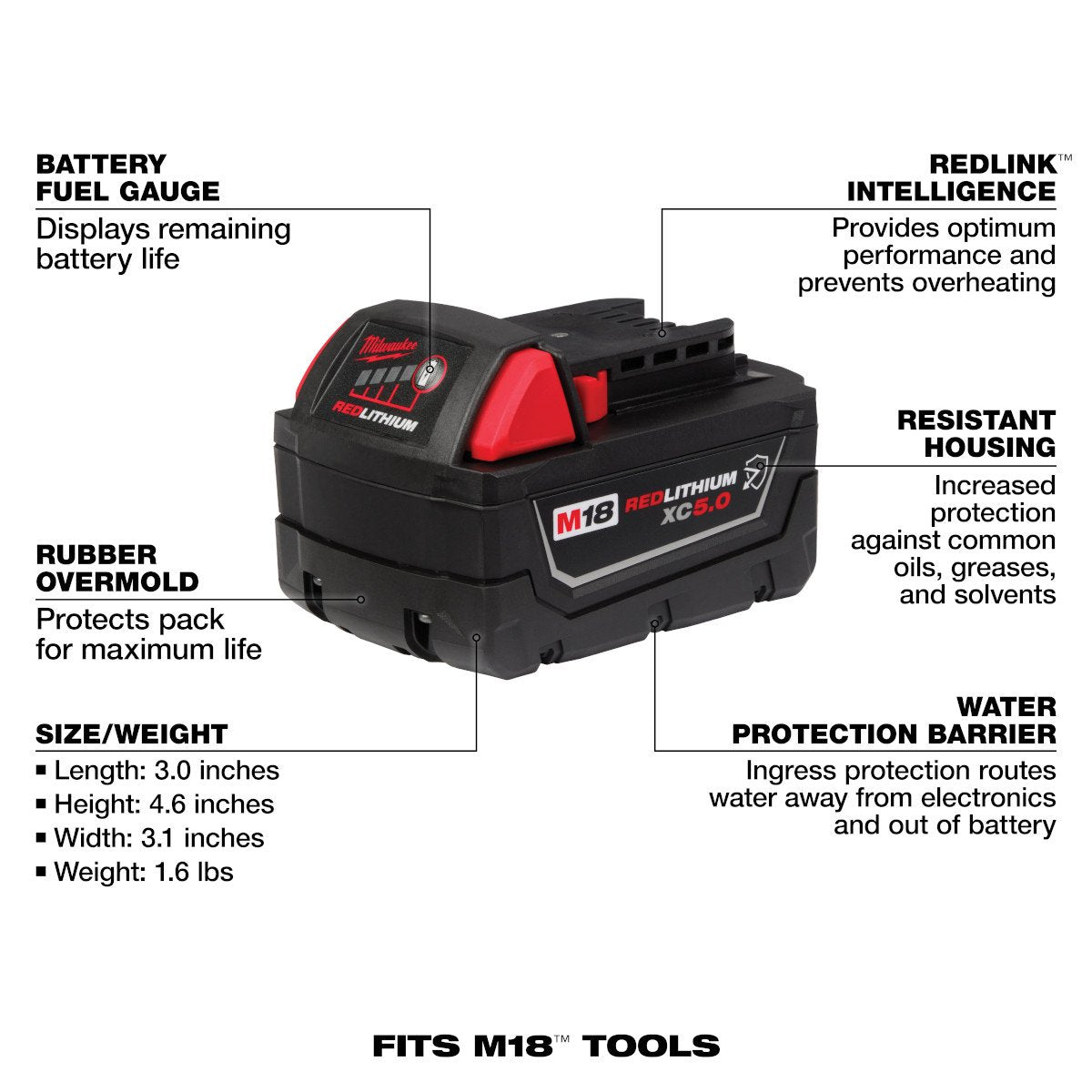 Milwaukee 48-11-1850R M18™ REDLITHIUM™ XC5.0 Resistant Battery - feature callout