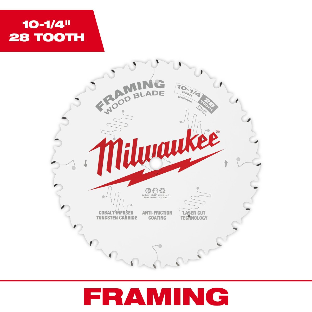 Milwaukee 48-40-1038 10-1/4 in. 28T Framing Circular Saw Blade - feature callout