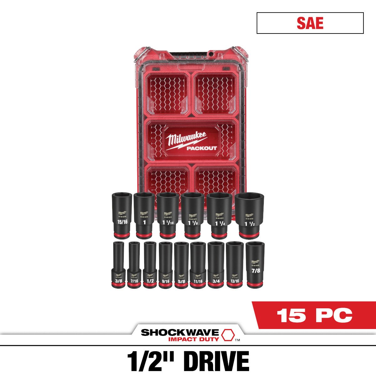 Milwaukee 49-66-6802 SHOCKWAVE Impact Duty™ Socket 1/2” Dr 15PC SAE PACKOUT™ Set - feature callout
