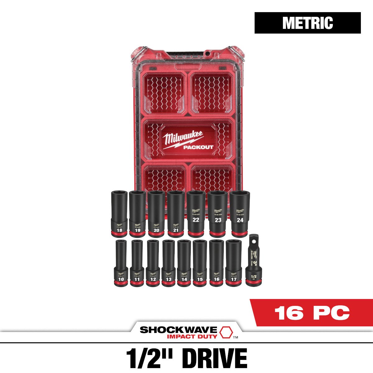 Milwaukee 49-66-6803 SHOCKWAVE Impact Duty™ Socket 1/2” Dr 16PC MM PACKOUT™ Set - feature callout