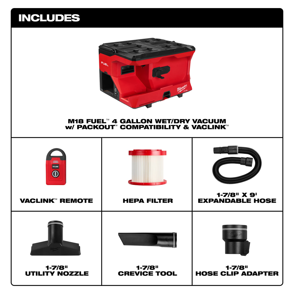 Items Included with M18 FUEL 4 Gallon Wet/Dry Vacuum