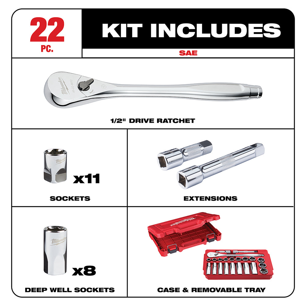 Milwaukee 48-22-9410 - 22 pc. 1/2 in. Socket Wrench Set (SAE)