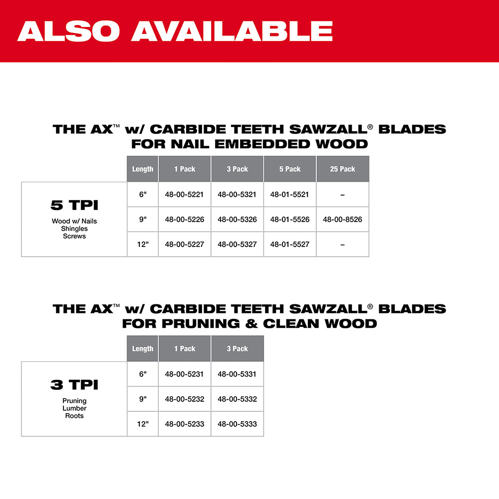 Milwaukee 48-00-5231 - 6" 3 TPI The AX™ with Carbide Teeth for Pruning & Clean Wood SAWZALL® Blade 1PK