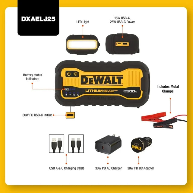 DEWALT DXAELJ25-CA 2500 Peak Amp Portable Lithium Jump Starter and USB Power Bank