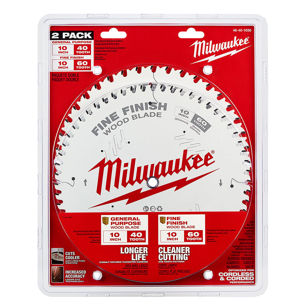 Lames de scie circulaire Milwaukee 48-40-1036 - 10 po, 40 dents et 60 dents, lot de deux