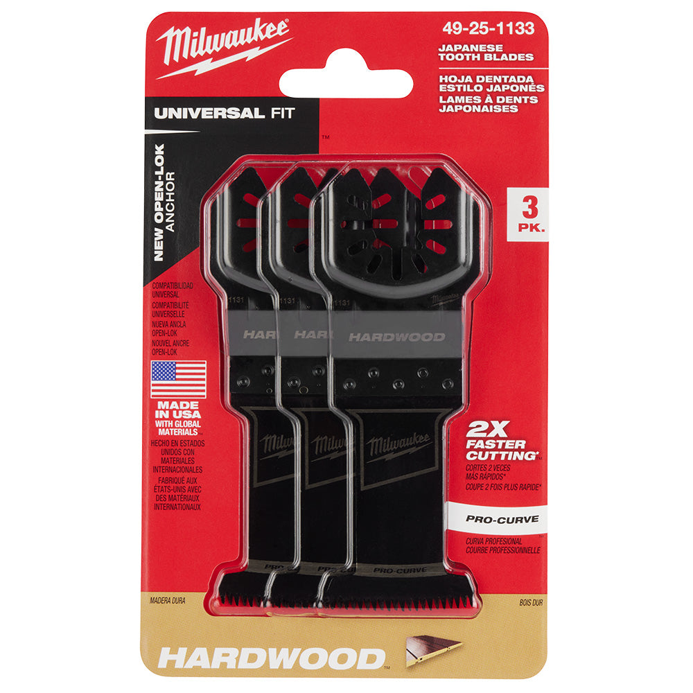 Milwaukee 49-25-1153 - Lames multi-outils en bois dur OPEN-LOK™ 2-1/2" HCS à dents japonaises PRO-CURVE™, paquet de 3