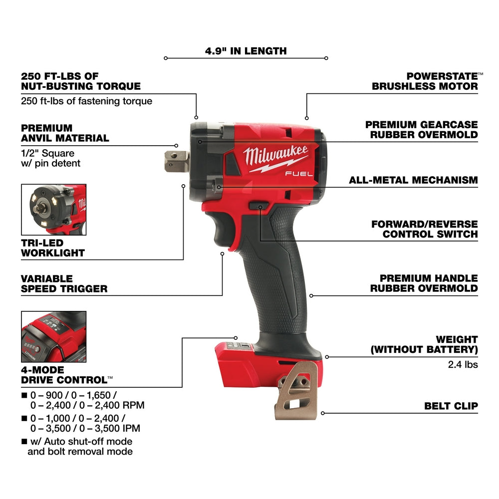 Milwaukee 2855P-20 - M18 FUEL™ 1/2 Compact Impact Wrench w/ Pin Detent