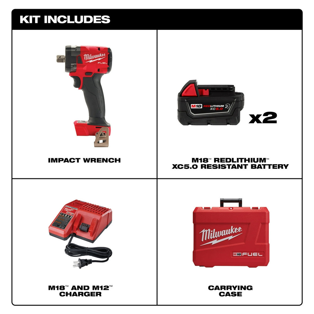 Clé à chocs compacte Milwaukee 2855P-22R M18 FUEL™ 1/2" avec kit de verrouillage à goupille