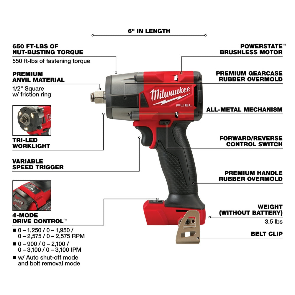 Milwaukee 2962-20 - M18 FUEL™ 1/2 Mid-Torque Impact Wrench w/ Friction Ring