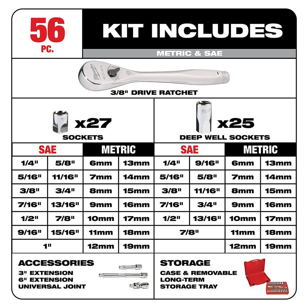 Milwaukee 48-22-9008 - 3/8 in. Drive 56 pc. Ratchet & Socket Set - SAE & Metric