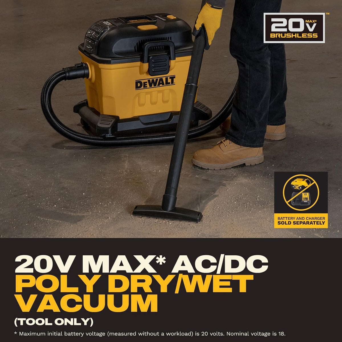 DEWALT DXCVXA092B 20V MAX AC/DC 9 Gallon Wet/Dry Vacuum - cordless use on the jobsite