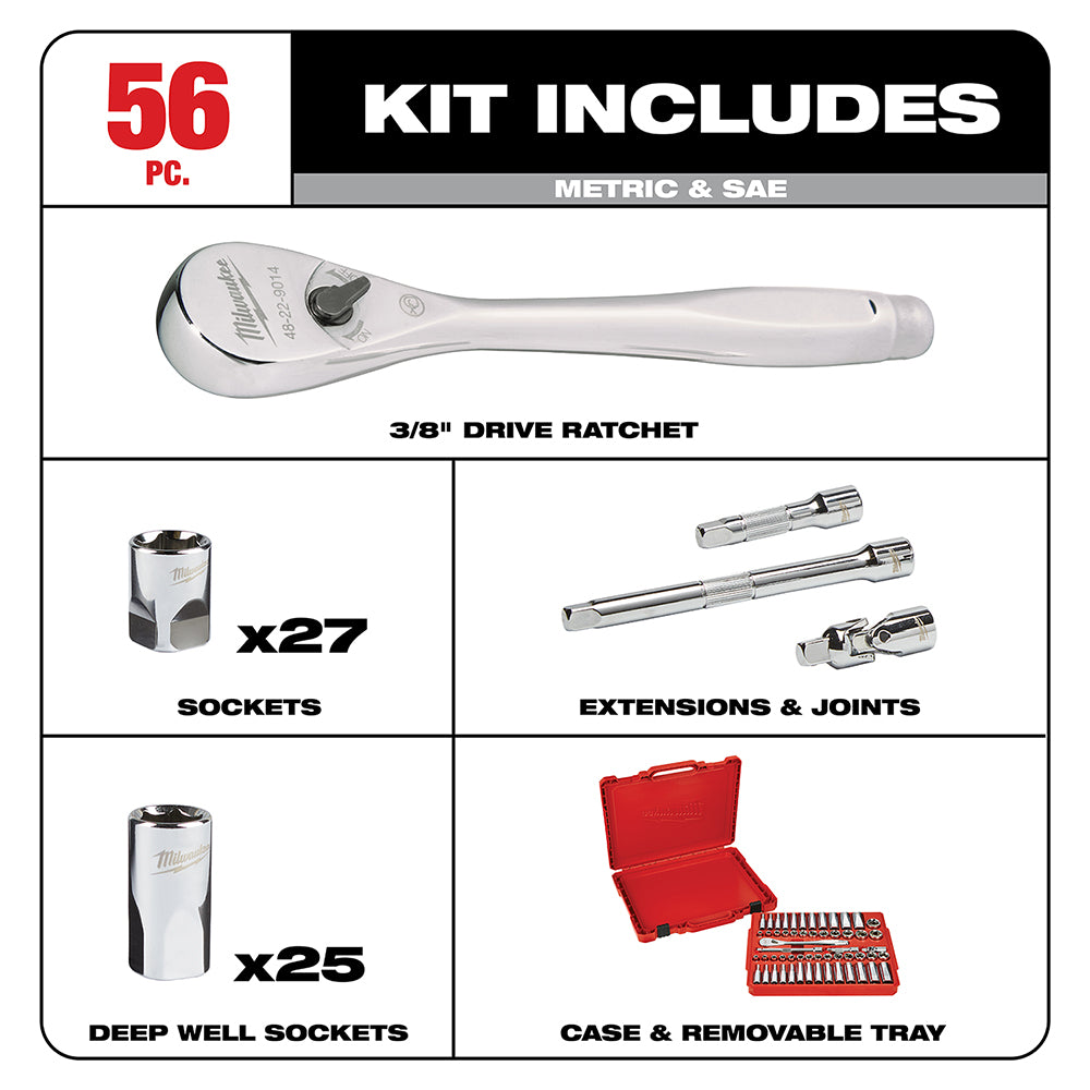 Milwaukee 48-22-9008 - 3/8 in. Drive 56 pc. Ratchet & Socket Set - SAE & Metric