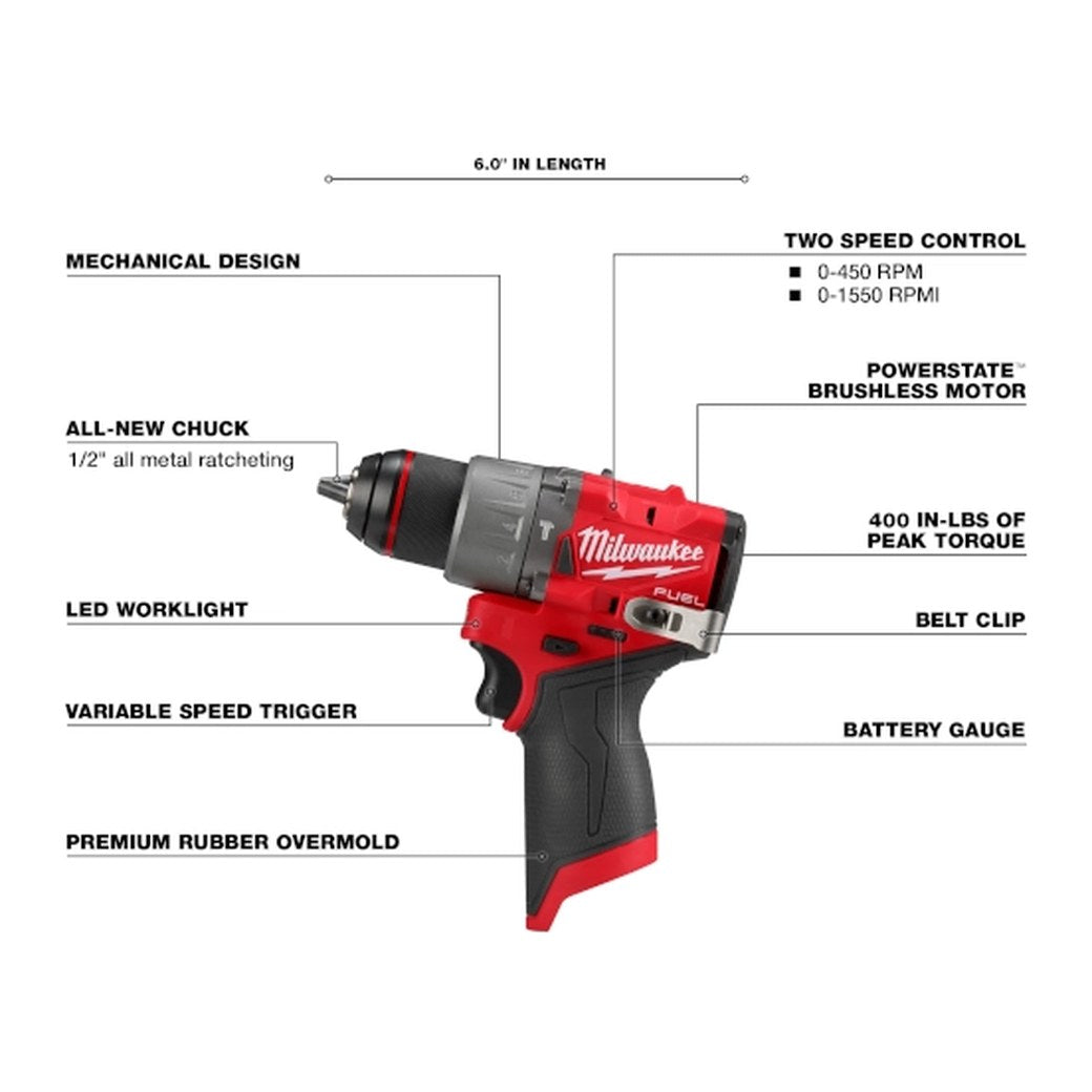 Milwaukee M12 FUEL 1/2" Hammer Drill/Driver - feature callouts