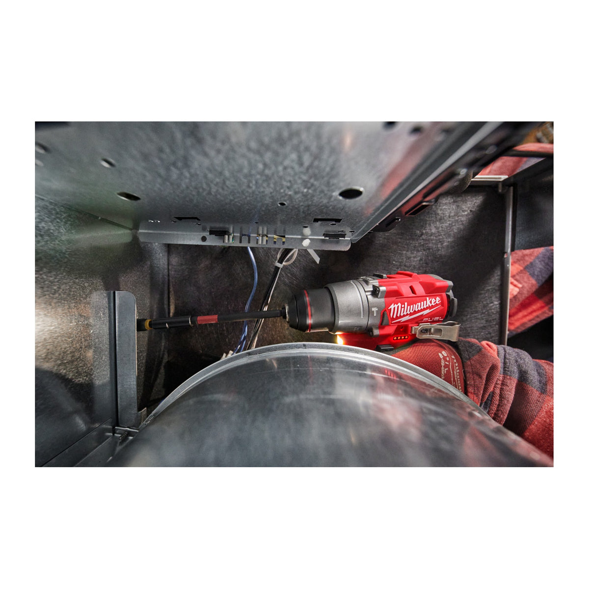 Milwaukee M12 FUEL 1/2" Hammer Drill/Driver 3404-20 drilling overhead in a tight space